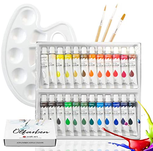 Ölfarben Malkoffer Malset 24 Tuben Bunte Farbe inkl. Pinsel Mischpalette Leinwand ohne Keilrahmen für Kinder und Erwachsene (Öl)