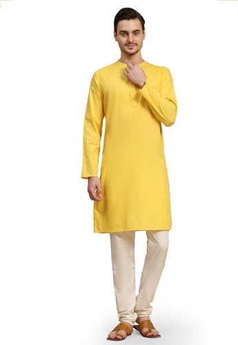 SKAVIJ Uomo Cotone Pigiama Kurta indiani Casual Outfit (Oro, Medium)