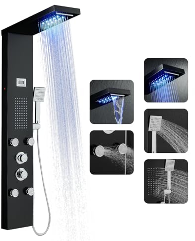 OUGOO LED Duschpaneel mit Armatur, Regen- & Wasserfall-Funktion Duschpaneele Komplett mit 2-Typ-Massagedüsen, Temperaturdisplay und Handbrause, Edelstahl Schwarz