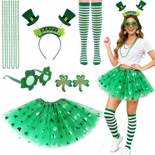 8 delar St. Patrick's Day kostymtillbehör set för kvinnor tutu kjolar randiga knähöga strumpor pärlor irländsk huvudbonad glasögon St. Patricks Day fest favorittillbehör dekoration