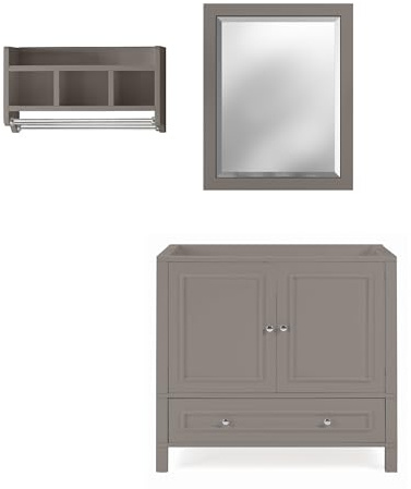 Alaterre Furniture Williamsburg Bathroom Vanity 3-Piece Set - 36 Inch Vanity, Mirror, and Wall Shelf - Solid Wood Bathroom Sink Cabinet Set (Gray)