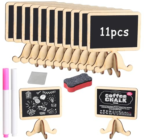 12 Pezzi Mini Lavagna Segni con Basi, Messaggi Bordo Lavagnette mit 2 Gesso Solubile in Acqua e 1 Panno di Pulizia e Gomma per Lavagn, Mini Lavagna in Legno per Feste, Matrimoni