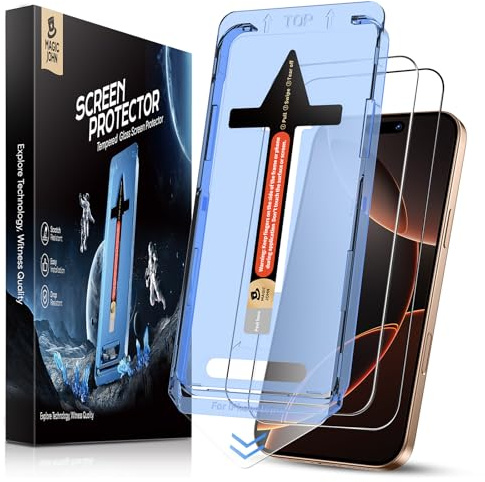 MAGIC JOHN Protector Pantalla para iPhone 16 Pro/iPhone 17, Cristal Templado 9H, Marco Instalación Fácil, Auto-Alineación, Sin Burbujas, Antiarañazos, HD Transparente, 2 Piezas
