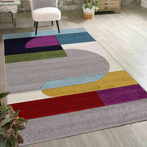 Mazovia Tappeto geometrico a pelo corto, colorato e morbido per soggiorno, camera da letto e sala da pranzo - certificato OEKO-TEX - 120 x 170 cm