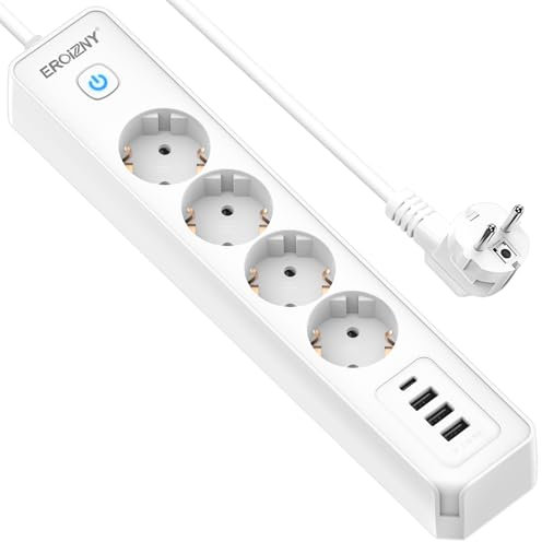 EROIZNY Steckdosenleiste 4 USB Mehrfachsteckdose Wandmontage, 4 Fach Steckerleiste mit Schalter USB C Mehrfachstecker Überspannungsschutz 3680W 16A Steckdose Verteilersteckdose1,8M Kabel Weiß
