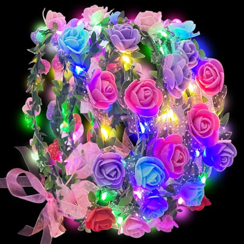 Joycabin Lot de 5 couronnes de fleurs lumineuses à LED, couronne de fleurs, accessoires de fête, pour femmes et filles, anniversaire, fête, carnaval, mariage (multicolore)