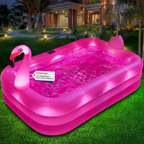 2026 Inflatable Pool with Lights, Solar Flamingo Swimming Pool for Adults Inflatable Blow up Pool, Durable Thickened Pool for Backyard,Outdoor,100X63X20-Dark Blue