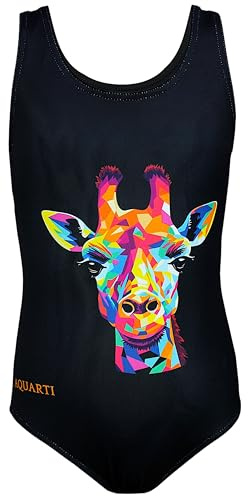 Aquarti Badeanzug Mädchen – Sportlicher Mädchen Badeanzug mit Ringerrücken Print, Farbe: Bunte Giraffe/Schwarz, Größe: 164