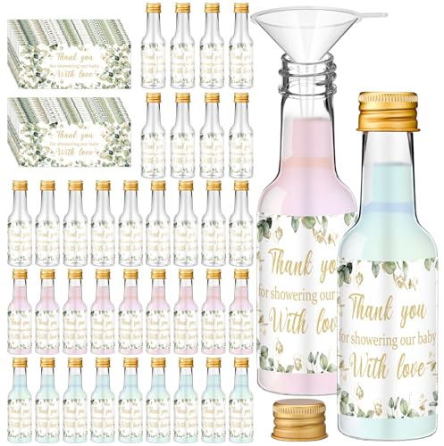 Chuangdi 50 Pack Baby Shower Mini Liquor Bottles 2oz Shot Bottle with Cap Baby Shower Favor for Guest Gender Reveal Party Favor Thank You Funnel Sticker for Guest Gift Newborn Baptism Party Decoration
