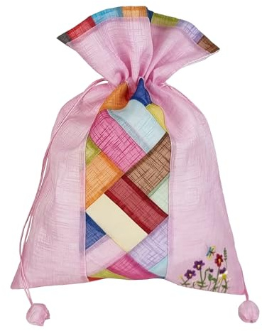 Seoulful Vintage Large Korean Saekdong Pouch - Traditional Drawstring Bokjumeoni Bag New Year's Gifts (Pink)