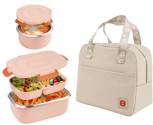 BEVISS 18/8 Stainless Steel Bento Box, Bento Lunch Box with Soup Bowl for Kids and Adults, Food Containers with Bag for Office or School, Pink