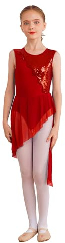 Linyuir Abito da Danza Lirica Classica per Bambina Ragazze Paillettes Vestito da Balletto Danza Abito Pattinaggio Artistico Body Ginnastica Bambina Dancewear Rosso 13-14 Anni