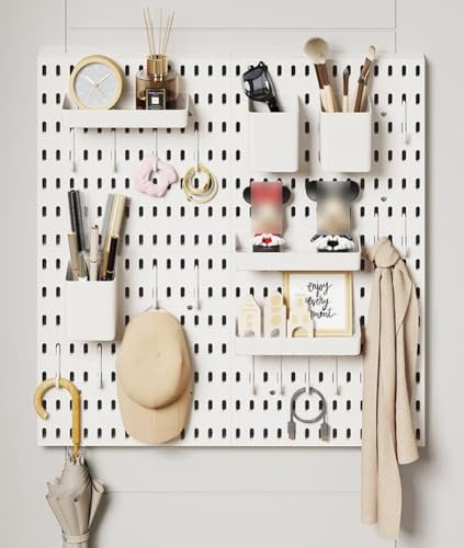 Juego de 4 paneles de clavijas modulares para montaje en pared, color blanco, con 36 accesorios, solución de almacenamiento sin taladro, para cocina, garaje, oficina