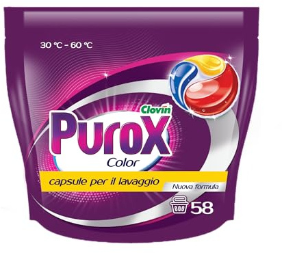 PUROX - TriCaps Color Capsules Gel pour Linge Coloré Formule 3 Chambres Détachant Parfum Protection des Couleurs - 58 pcs x 13 g Doypack