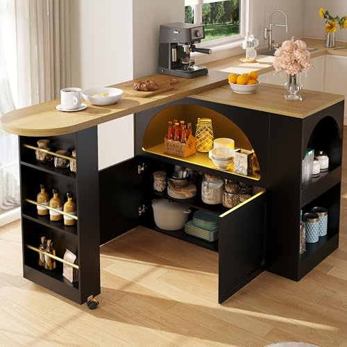 EMKK Ausziehbarer Bartisch, (135-205×39×100cm) Küchenbar mit Stauraum, Kaffeebar Möbel, Kücheninsel, Moderner Beweglicher Bar Table, Gewölbtes Türdesign, für Küche/Kaffeebar/Esszimmer (Schwarz)