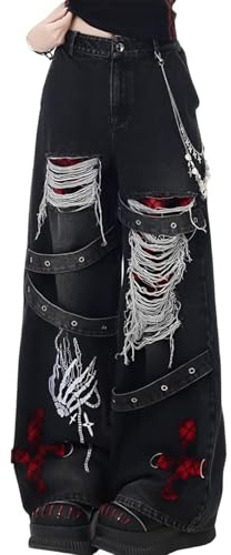 FYHTC Y2K Jean Déchiré Grunge Baggy Pantalon Emo Femme Goth Jambe Droite Taille Haute Alt 2000s Vêtement Tissu(X-Large)