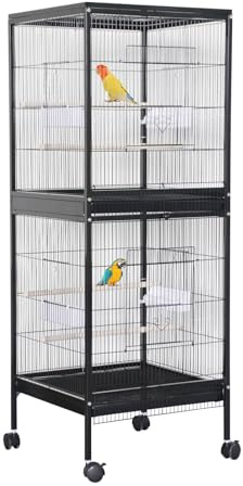 Cage à Oiseaux métallique Grand Stable Double étage et Aire de Jeu, avec Chariot Roulant, tiroirs extractibles, perchoirs en Bois et mangeoires, idéale pour perruches ondulées, perruches nymphes