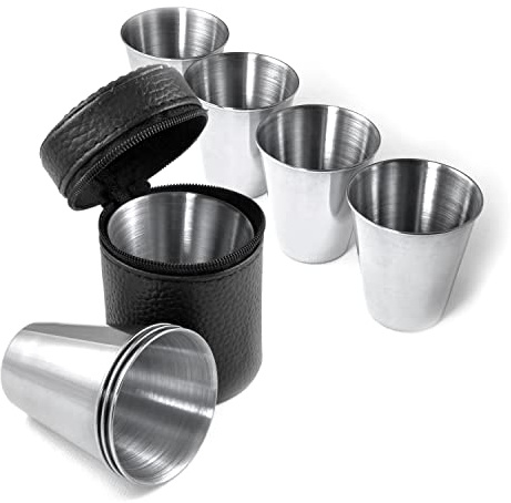 Ganzoo 4-pack shotskoppar 60 ml i rostfritt stål, okrossbara, diskmaskinssäkra och smakneutrala shotmuggar för camping, lagereld och festival, silver, portabelt läderetui med dragkedja