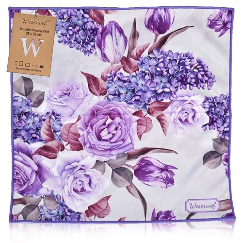 WESERWEF Design Microfiber Glasses Cleaning Cloth, Premium Cleaning Cloths for Spectacles, Lens, Screens, Tablets, Eyeglasses, 12 x 12, Ultra-Soft & Scratch-Free (rose and lilac)