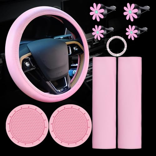 Set di 10 coprivolante in pelle rosa con cuscinetti per cinture di sicurezza, portabicchieri, bottoni luccicanti