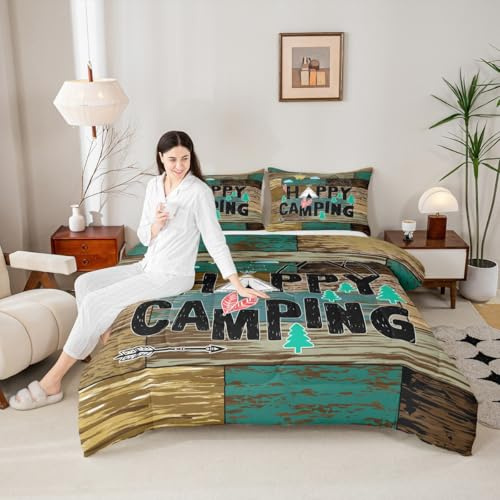 Happy Camping Campers Comforter Set Queen,Wooden Door Pines Lattice Bedding Set,Happy Outdoors Natural Quilt Set 3 Pcs for Kids Teens Adults Room Decor,Rustic Brown Duvet Insert with 2 Pillowcases