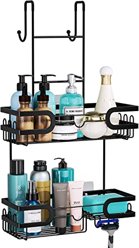 HapiRm Shower Caddy Hanging Black - Over The Door Shower Caddy with Soap and Razor Holder, No Drilling Hook over Bathroom Storage for Towel, Bath Ball, Stainless Steel Shower Organiser Hanging, Black
