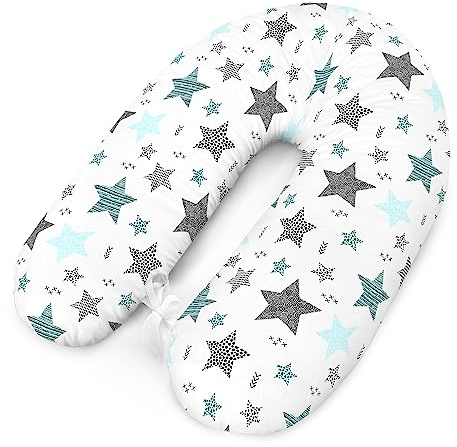 Amilian Coussin d'allaitement XXL, coussin de positionnement latéral avec housse, motif étoiles, gris