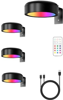 GEYUEYA Home Bilderleuchte Kabellos 4er Set - 18 Stunden Akkulaufzeit, RGB und Warmweiß Licht, Timer-Funktion, Mit Fernbedienung, USB-C Wiederaufladbar, Integrierter Akku, Wohnaccessoires (Schwarz)