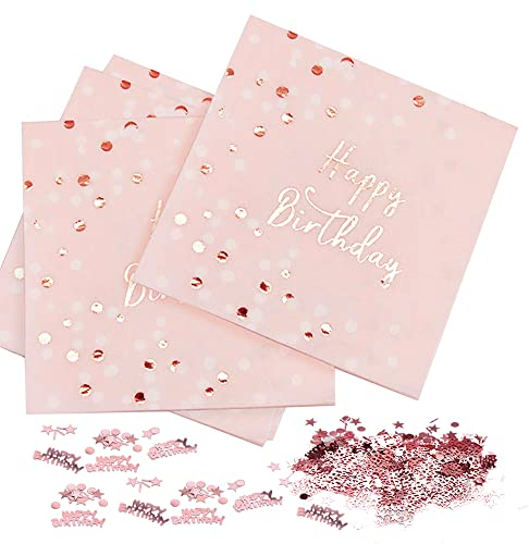 60 Stück Servietten Rose Gold, Happy Birthday Servietten, Servietten Geburtstag Rosegold, Geburtstag Papierservietten mit 1 Packungen Konfetti für Mädchen Geburtstag Party Deko