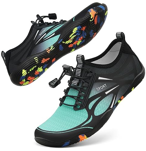 Water Shoes for Men Women River Shoes Adult Swim Beach Lake Pool Aqua Socks Barefoot Quick Dry for Hiking Surfing Kayaking Cruise Ship Essentials Size Women 8.5 / Men 7(Black Green)