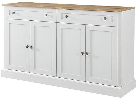 Azkoeesy Sideboard/Kommode/TV-Schrank 150 x 40 x 86 cm, weiße und naturfarbene Platte, Küchenschrank/Buffetschrank mit 2 Schubladen, 4 Türen, für Esszimmer/Wohnzimmer