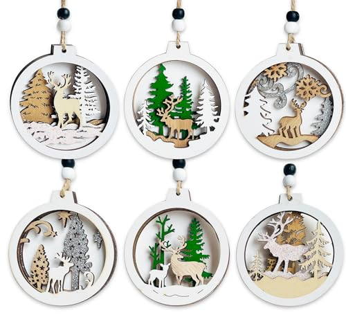 Decorazioni Natalizie in Legno,6 Pz Addobbi in Legno per Albero di Natale, Taglio Laser a Traforo da Appendere con Spago,per la Addobbi Albero di Natale e Festa la Casa Decorazioni, Glitter Renna
