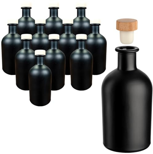 gouveo 12er Set Glasflasche 250 ml (0,25 l) Glasflasche 250 ml Apotheker rund mit Korken, schwarze runde Enghalsflaschen zum Befüllen, Aufbewahren & Dekorieren, beschriftbar (AFR250SHGK)