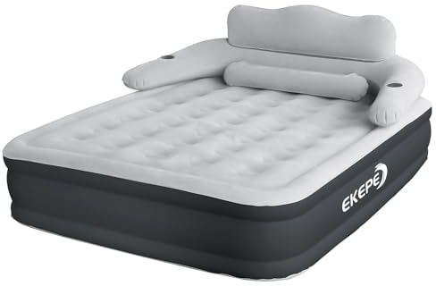 EKEPE Queen Luftmatratze Selbstaufblasend mit Kopfteil, 203x152x45cm Luftbett 2 Personen mit Eingebauter Pumpe, Gästebett mit elektrischer Pumpe, Aufblasbare Matratze für Camping & Zuhause—Grau