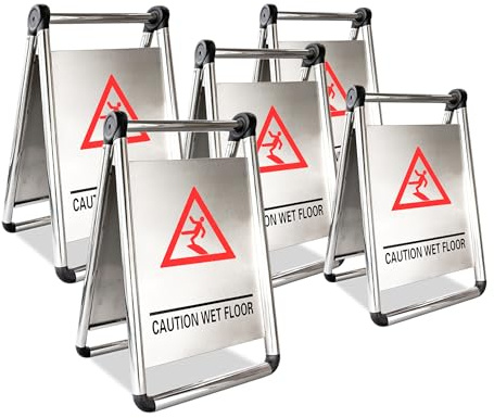 Set di 5 cartelli di avvertimento per pavimenti bagnati, in acciaio inox, colore giallo, con scritta in inglese Caution Wet Floor, segnaletica pieghevole per pavimenti scivolosi, autoportante, per