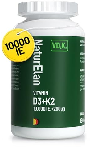 Vitamin d3 k2 kapseln hochdosiert - 10000I.E. + Vitamin K2 MK7 200 mcg pro Dosis, 180 Vegetarisch kapseln im Jahresvorrat, Ohne Zusätze, In Deutschland Produziert