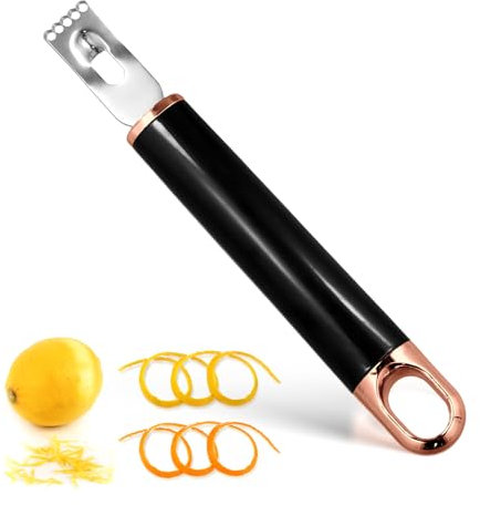 Acier Inoxydable Couteau à Canal, Zesteur de Citron Éplucheur de Fruits avec Boucle de Suspension Multifonctionnel Fruit Orange Éplucheur de Citron pour Cocktail Cuisine Maison Bar (Or Noir)