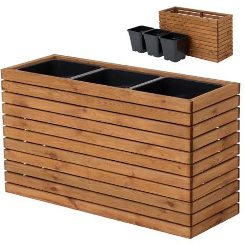 Jardinera de madera para jardín, balcón, terraza, bancal alto, maceta XXL, para exterior, con inserto de plástico de 18 L, para exteriores, color marrón (98 x 36 x 55)
