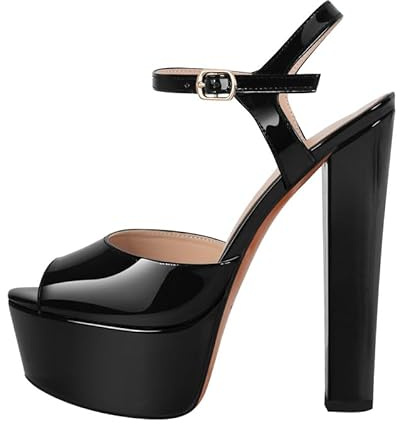 MissHeel Damen Peeptoe Sandaletten Plateau Riemchensandalen High Heels Blockabsatz Pumps mit Schnalle Klobig Leder Schwarz 42 EU