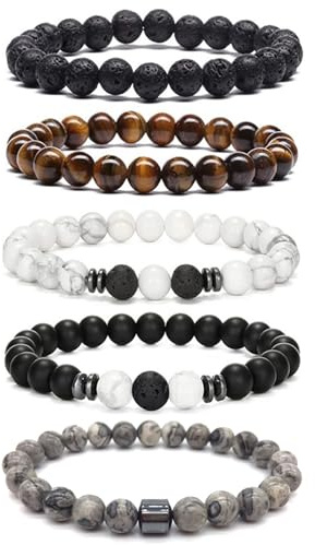 HTTDSLF Bracciale 5 Pezzi in Pietre Naturali - Occhio di Tigre 8MM, Pietra Lavica, Ossidiana Nera - Braccialetto Gioielli per Uomo Donna Regalo Personalizzato