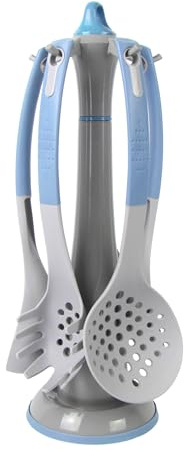 Lentz Juego de utensilios de cocina de 6 piezas, incluye soporte, espumadera, espátula, cuchara para espaguetis, cuchara para servir, cucharón (azul pastel)