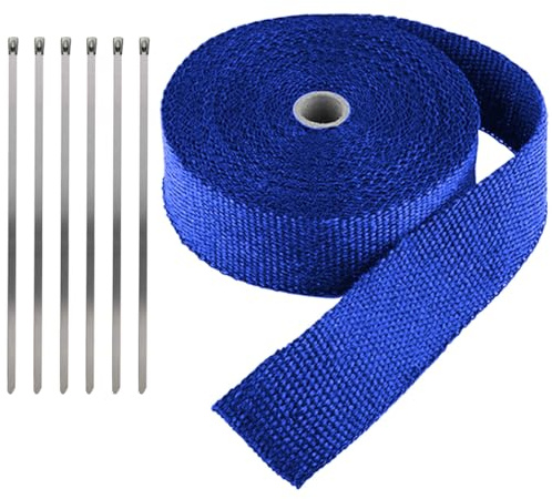 LKRXW Bande Thermique Échappement Fibre de Verre Ruban Collecteur d'échappement de Moto Tuyeau Isolant Thermique Protection Voiture Isolante Bleu 5CM X 5M avec 6 Attaches