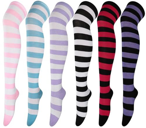 DRESHOW 6 Paar Kniestrümpfe Overknee Strümpfe Lange Gestreifte Socken Beinwärmer Schenkel Socken für Damen und Mädchen