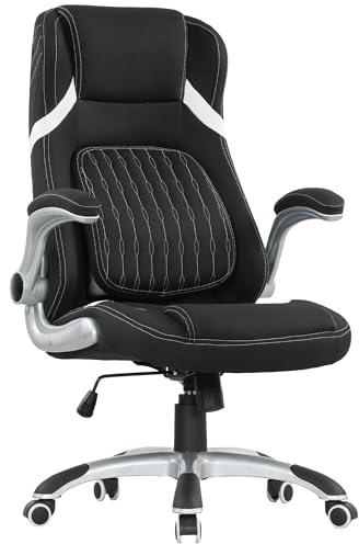 Vinsetto Executive Office Chair, Fabric High Back Office Desk Chair with Flip-up Armrests, Adjustable Lumbar Support and Tilt Function, Black