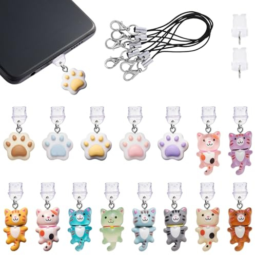 WEWAYSMILE 15Pcs Anti Dust Plug Charm Type C USB C Dust Plug with Resin Cat Style Pendants Cute Charging Port Protector for Phone Reader Accessory Gifts
