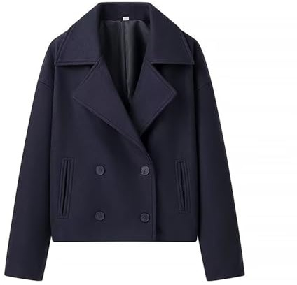 Abrigos de lana recortados para mujer, gabardina para otoño e invierno, chaquetas de solapa con muescas y doble botonadura, ropa exterior casual, azul, S