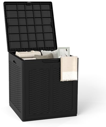 COSTWAY Arcón Exterior 145 L, Baúl almacenaje PP con Patrones de Ratán y Tapa con Cerradura, Contenedor de Plástico para Herramientas de Jardín, Cojines de Patio, 56 x 56 x 60,5 cm (Negro)