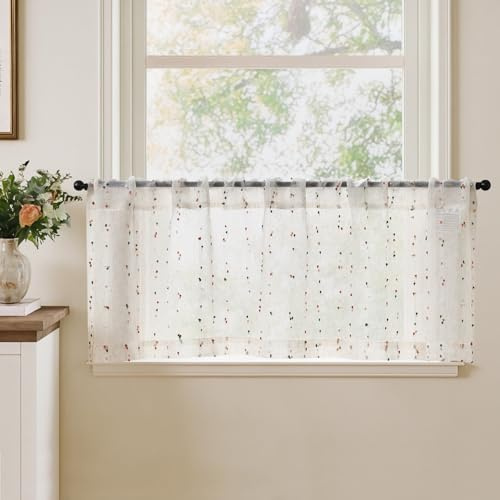 TOPICK Skivgardiner uppsättning av 1 bistrogardiner med prickar linne lantlig stil boho kort gardin halvtransparent, H 40 x B 125 (cm) linneutseende gardiner med dragsko köksgardin vardagsrum röd