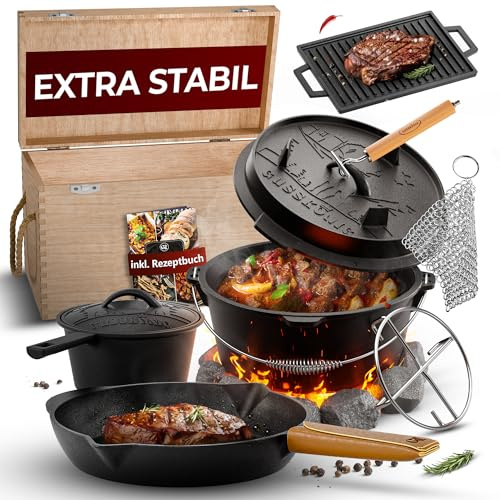 GUSSKÖNIG Dutch Oven Set 10-teilig - bereits eingebranntes Gusseisen Topf Set - Bratpfanne, Grill Topf, Grillplatte, Deckelheber, Untersetzer, Ringreiniger Griffschutz - inkl. Dutch Oven Rezeptbuch