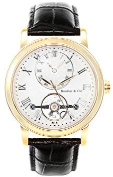 Boudier and Cie Automatik Uhr Armbanduhr für Männer Herren mit zwei Zeitzonen Analoge Anzeige Zifferblatt und Leder Armband in Schwarz Klassische Herrenuhr Männeruhr B15H13